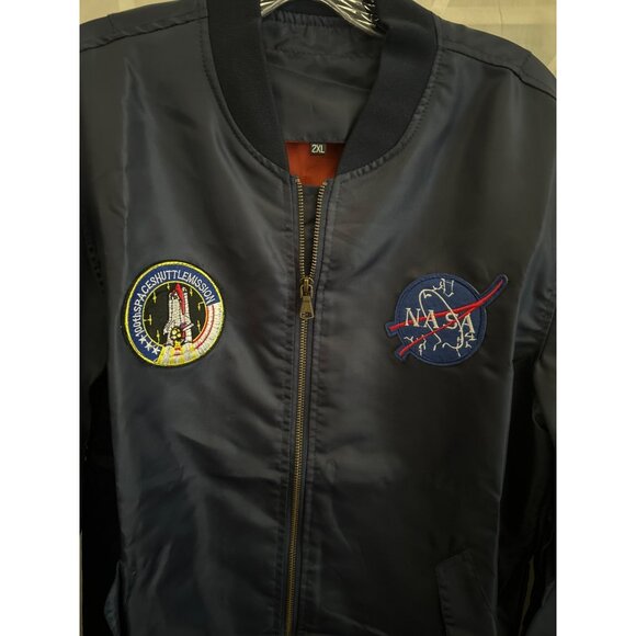 NASA-Inspired Navy Blue Bomber Style Jacket 2XL (RUNS SMALL) Patches Full Zip - Picture 2 of 7